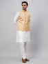 Vastramay Men's Beige Matka Silk Nehru Jacket With White Silk Blend Kurta Pyjama Set